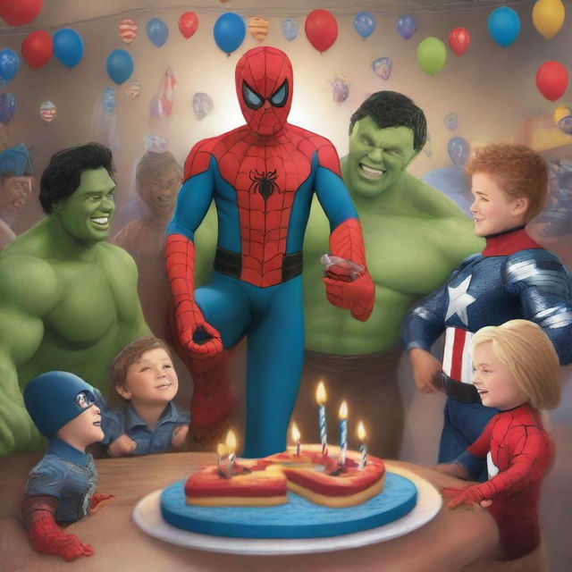 A lively, high-quality digital art image depicting a young boy dressed as Spider-Man celebrating his birthday with Captain America, Thor, Hulk, Wolverine, and Iron Man