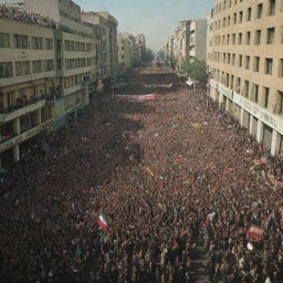 A dramatic scene from the Iran Revolution, featuring large crowds of protestors, banners with Farsi slogans, and the backdrop of city streets, capturing the historic event without violence.