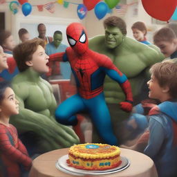 A lively, high-quality digital art image depicting a young boy dressed as Spider-Man celebrating his birthday with Captain America, Thor, Hulk, Wolverine, and Iron Man