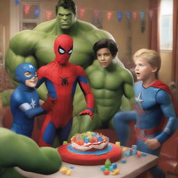 A lively, high-quality digital art image depicting a young boy dressed as Spider-Man celebrating his birthday with Captain America, Thor, Hulk, Wolverine, and Iron Man