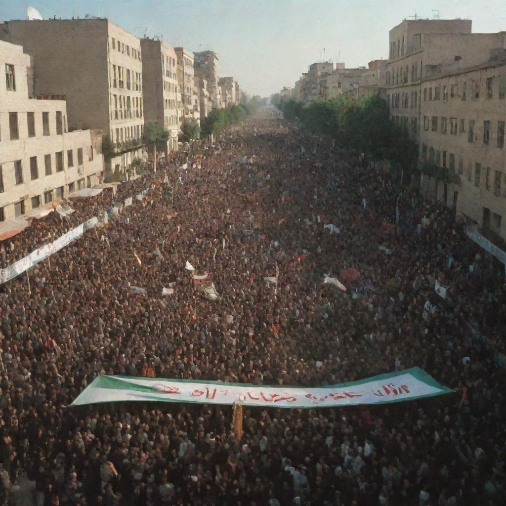 A dramatic scene from the Iran Revolution, featuring large crowds of protestors, banners with Farsi slogans, and the backdrop of city streets, capturing the historic event without violence.