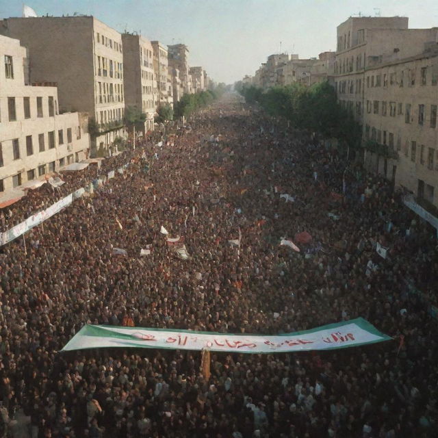 A dramatic scene from the Iran Revolution, featuring large crowds of protestors, banners with Farsi slogans, and the backdrop of city streets, capturing the historic event without violence.