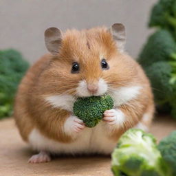 Close shot of a brown hamster with a white stripe on its head, munching enthusiastically on a piece of fresh, green broccoli