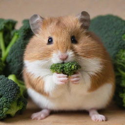 Close shot of a brown hamster with a white stripe on its head, munching enthusiastically on a piece of fresh, green broccoli