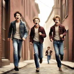 An exceptional digital art piece exhibits three Caucasian teenage boys, attired in jeans and flannel shirts, sprinting down an alley in a quaint, old-timey town