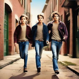 An exceptional digital art piece exhibits three Caucasian teenage boys, attired in jeans and flannel shirts, sprinting down an alley in a quaint, old-timey town