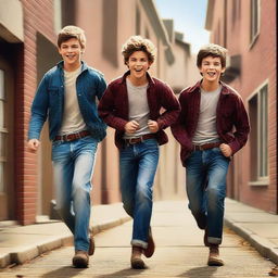 An exceptional digital art piece exhibits three Caucasian teenage boys, attired in jeans and flannel shirts, sprinting down an alley in a quaint, old-timey town