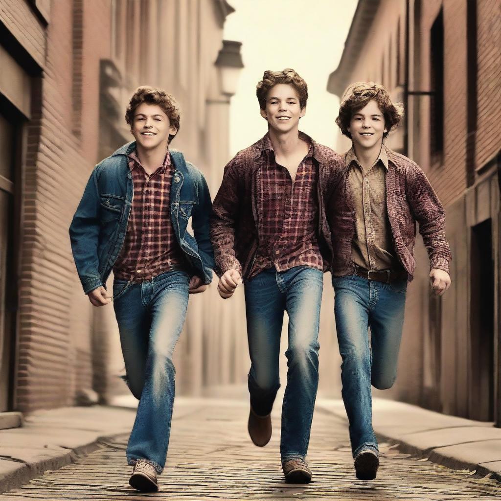 An exceptional digital art piece exhibits three Caucasian teenage boys, attired in jeans and flannel shirts, sprinting down an alley in a quaint, old-timey town