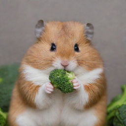 Close shot of a brown hamster with a white stripe on its head, munching enthusiastically on a piece of fresh, green broccoli