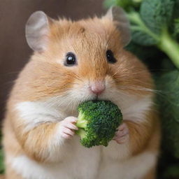 Close shot of a brown hamster with a white stripe on its head, munching enthusiastically on a piece of fresh, green broccoli