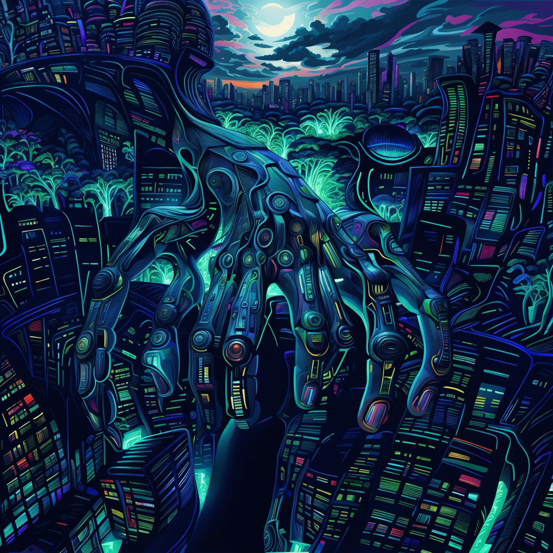 A digital art piece depicting a humanoid entity that is a fusion of biological and mechanical elements in a cityscape that blends nature and technology.