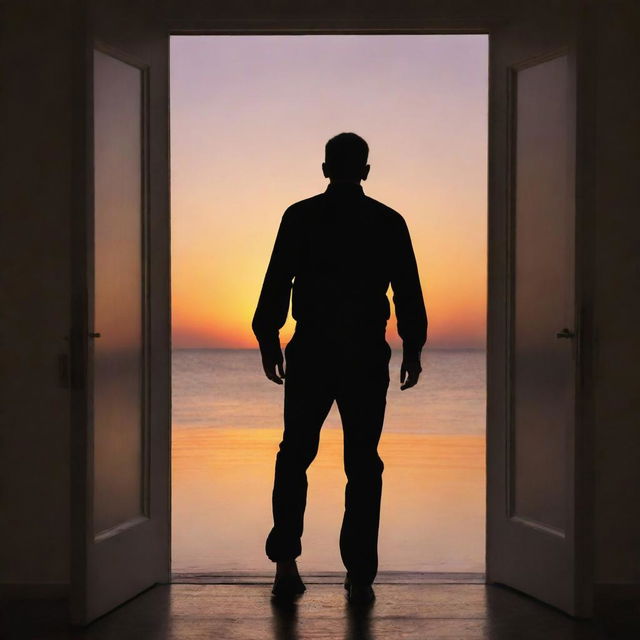 A silhouette of a person stepping through a door into a breathtaking sunrise, symbolizing freedom