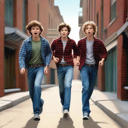 This is a hyper-realistic digital painting featuring three Caucasian teenage boys, attired in jeans and flannel shirts, running down an alley in a small, old-timey town