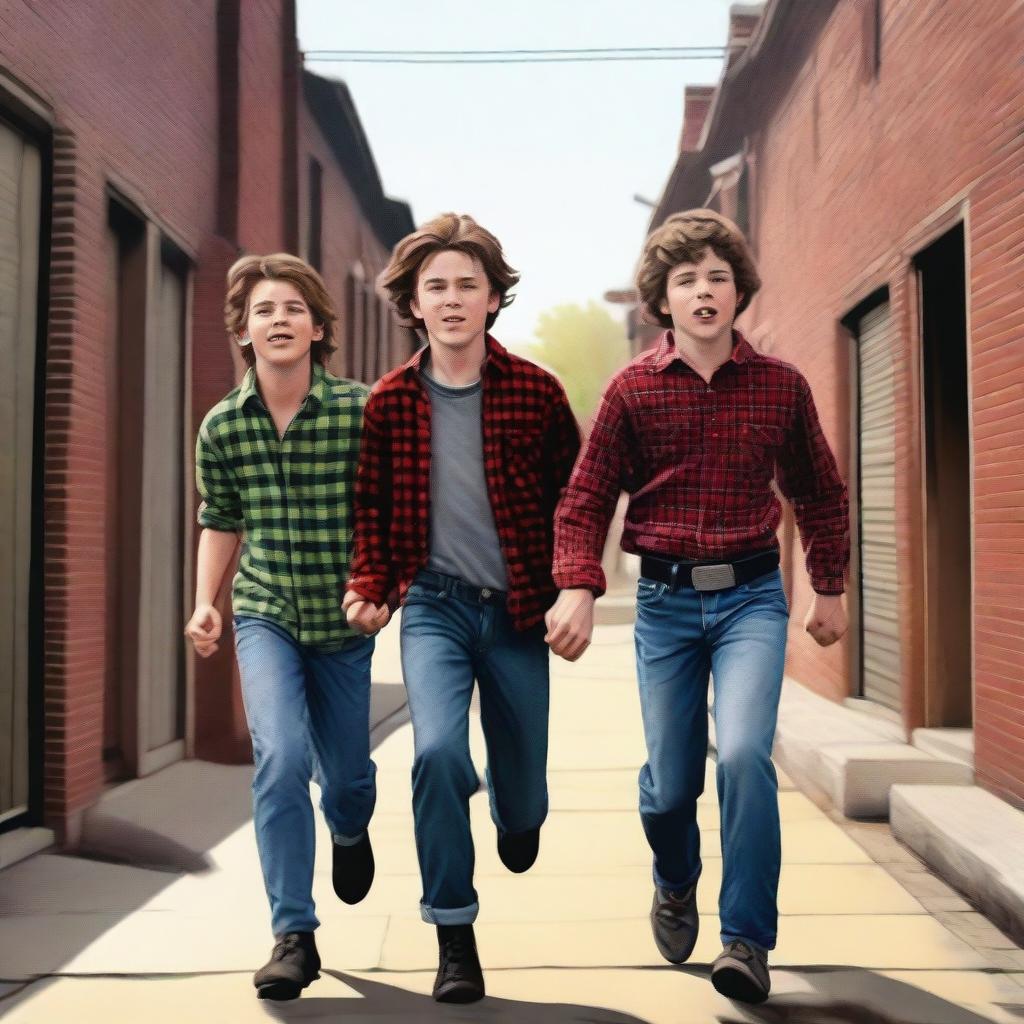 This is a hyper-realistic digital painting featuring three Caucasian teenage boys, attired in jeans and flannel shirts, running down an alley in a small, old-timey town