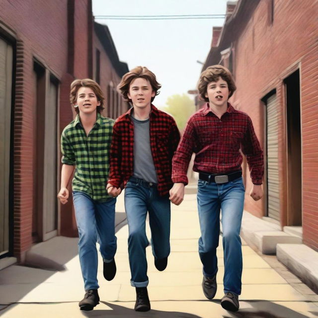 This is a hyper-realistic digital painting featuring three Caucasian teenage boys, attired in jeans and flannel shirts, running down an alley in a small, old-timey town