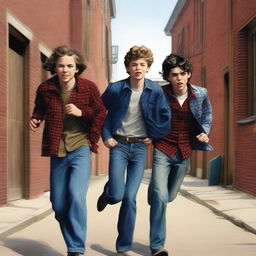 This is a hyper-realistic digital painting featuring three Caucasian teenage boys, attired in jeans and flannel shirts, running down an alley in a small, old-timey town