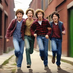 This is a hyper-realistic digital painting featuring three Caucasian teenage boys, attired in jeans and flannel shirts, running down an alley in a small, old-timey town