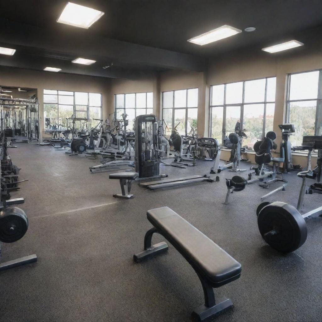 A large gym with various bodybuilding equipment, designed in a 16:9 aspect ratio.