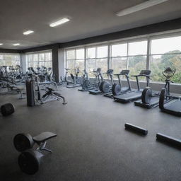 A large gym with various bodybuilding equipment, designed in a 16:9 aspect ratio.