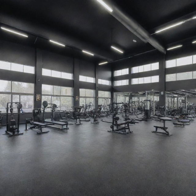 A large gym with various bodybuilding equipment, designed in a 16:9 aspect ratio.