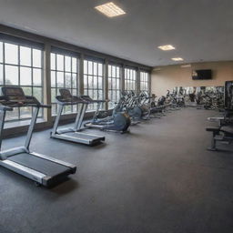 A large gym with various bodybuilding equipment, designed in a 16:9 aspect ratio.