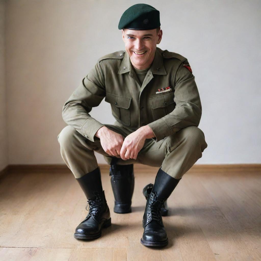 A happily smiling soldier in uniform removing boots and cap, placing them neatly on a wooden floor, symbolizing the end of military service.