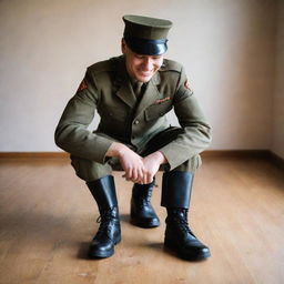 A happily smiling soldier in uniform removing boots and cap, placing them neatly on a wooden floor, symbolizing the end of military service.