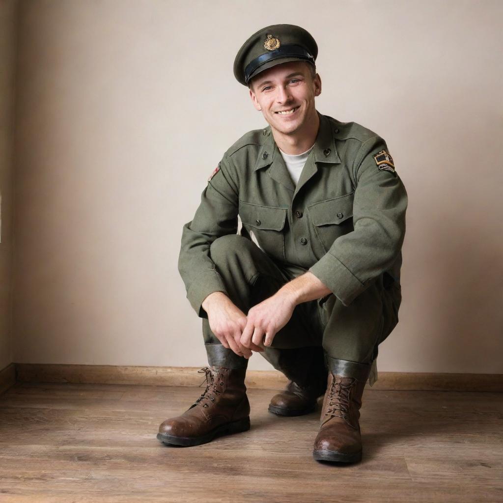 A happily smiling soldier in uniform removing boots and cap, placing them neatly on a wooden floor, symbolizing the end of military service.