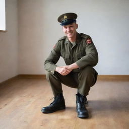 A happily smiling soldier in uniform removing boots and cap, placing them neatly on a wooden floor, symbolizing the end of military service.