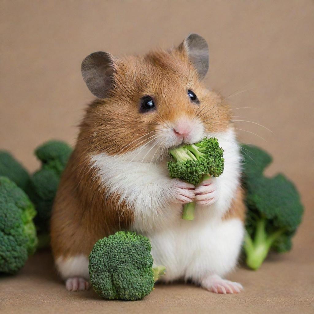 A dark brown hamster with a white stripe on its head, heartily munching on a piece of fresh broccoli.