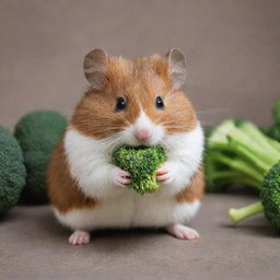 A dark brown hamster with a white stripe on its head, heartily munching on a piece of fresh broccoli.