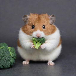 A dark brown hamster with a white stripe on its head, heartily munching on a piece of fresh broccoli.