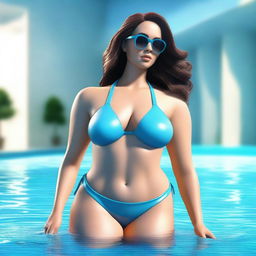 Generate a 3D illustration of an attractive woman in a bikini standing in a swimming pool