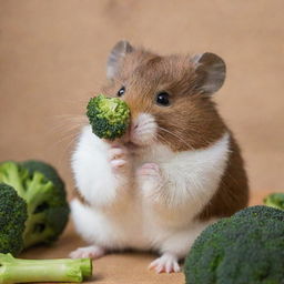 A dark brown hamster with a white stripe on its head, heartily munching on a piece of fresh broccoli.