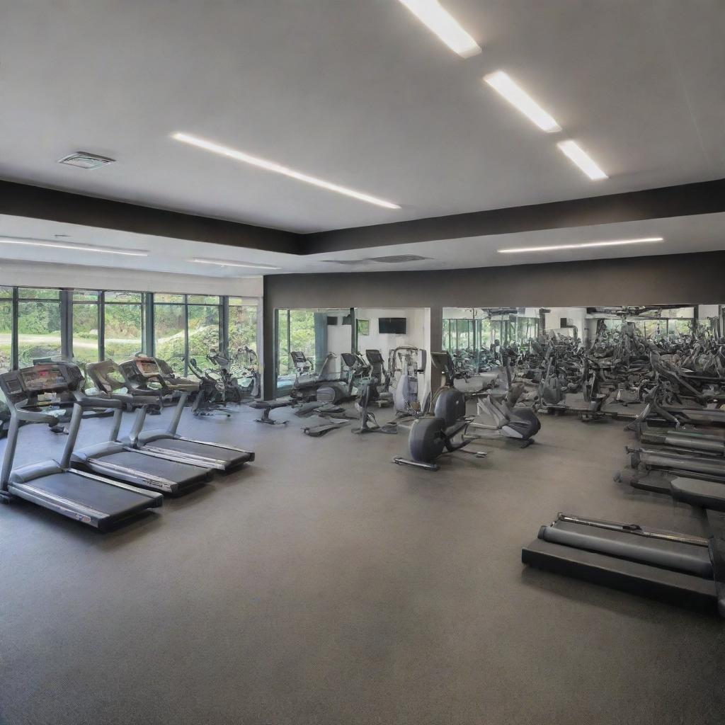 A large gym salon filled with various fitness equipment, structured with a 16:9 proportion