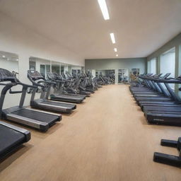 A large gym salon filled with various fitness equipment, structured with a 16:9 proportion