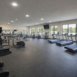 A large gym salon filled with various fitness equipment, structured with a 16:9 proportion