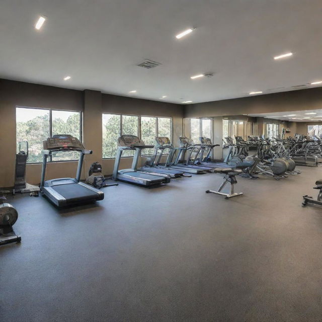 A large gym salon filled with various fitness equipment, structured with a 16:9 proportion