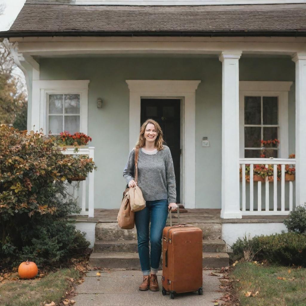 A joyful individual with luggage in hand, standing in front of a charming, nostalgic home with seasons changing around it, denoting a long awaited return.