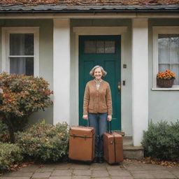 A joyful individual with luggage in hand, standing in front of a charming, nostalgic home with seasons changing around it, denoting a long awaited return.