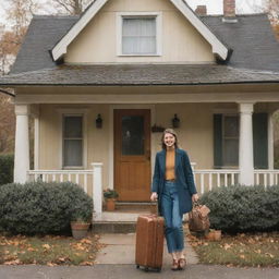 A joyful individual with luggage in hand, standing in front of a charming, nostalgic home with seasons changing around it, denoting a long awaited return.