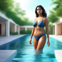 A high-quality 3D rendering of an attractive Indian woman standing in a swimming pool