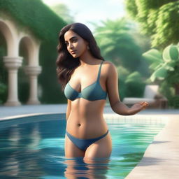 A high-quality 3D rendering of an attractive Indian woman standing in a swimming pool