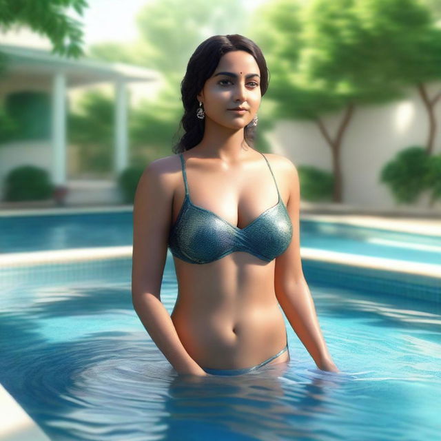 A high-quality 3D rendering of an attractive Indian woman standing in a swimming pool