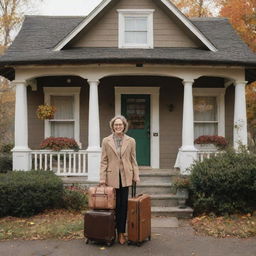 A joyful individual with luggage in hand, standing in front of a charming, nostalgic home with seasons changing around it, denoting a long awaited return.