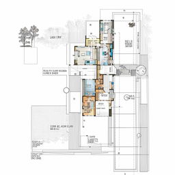 Generate a detailed modern house plan with clear annotations for each room and feature.