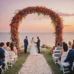 A romantic outdoor wedding ceremony under vibrant sunset hues, with guests seated on white chairs, facing an adorned floral arch where the bride and groom are about to exchange vows