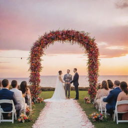 A romantic outdoor wedding ceremony under vibrant sunset hues, with guests seated on white chairs, facing an adorned floral arch where the bride and groom are about to exchange vows