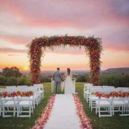 A romantic outdoor wedding ceremony under vibrant sunset hues, with guests seated on white chairs, facing an adorned floral arch where the bride and groom are about to exchange vows