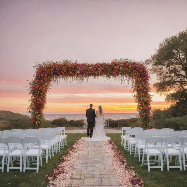 A romantic outdoor wedding ceremony under vibrant sunset hues, with guests seated on white chairs, facing an adorned floral arch where the bride and groom are about to exchange vows